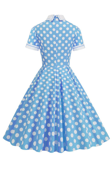 Vestido Vintage Pontos de Polka Mangas Curtas Azul